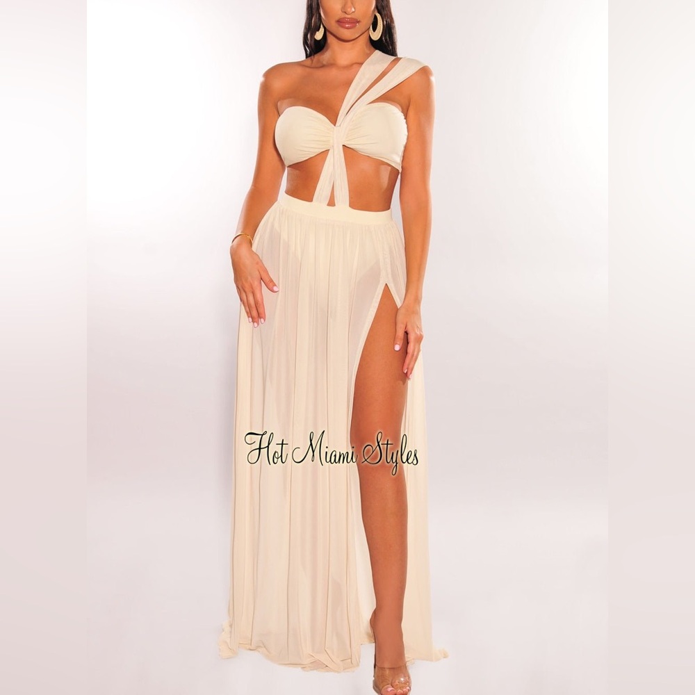 CREAM ONE SHOULDER CUT OUT STRAPPY SLIT
MAXI DRESS